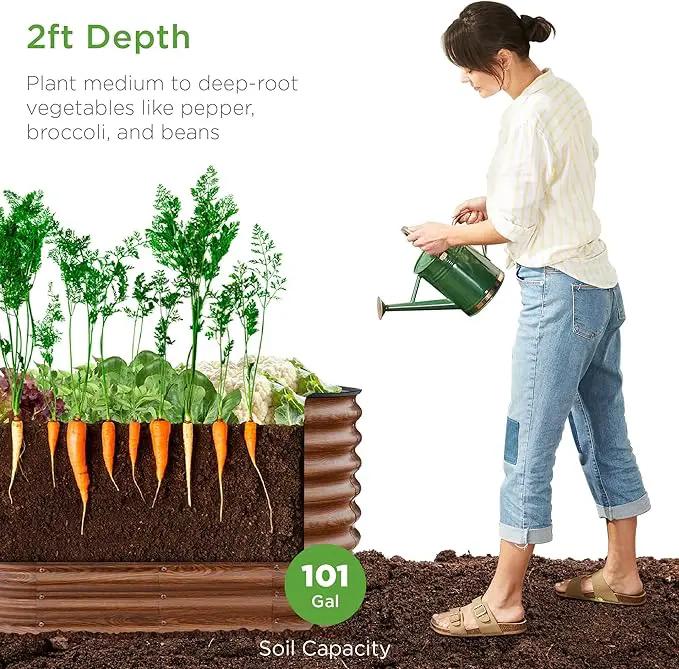 Best Choice Products 4x2x2ft Outdoor Metal Raised Garden Bed, Oval Deep Root Planter Box for Vegetables, Flowers, Herbs, and Succulents w/ 101 Gallon Capacity, Rubber Edge Guard - Wood Grain by GreenHaven Gardens