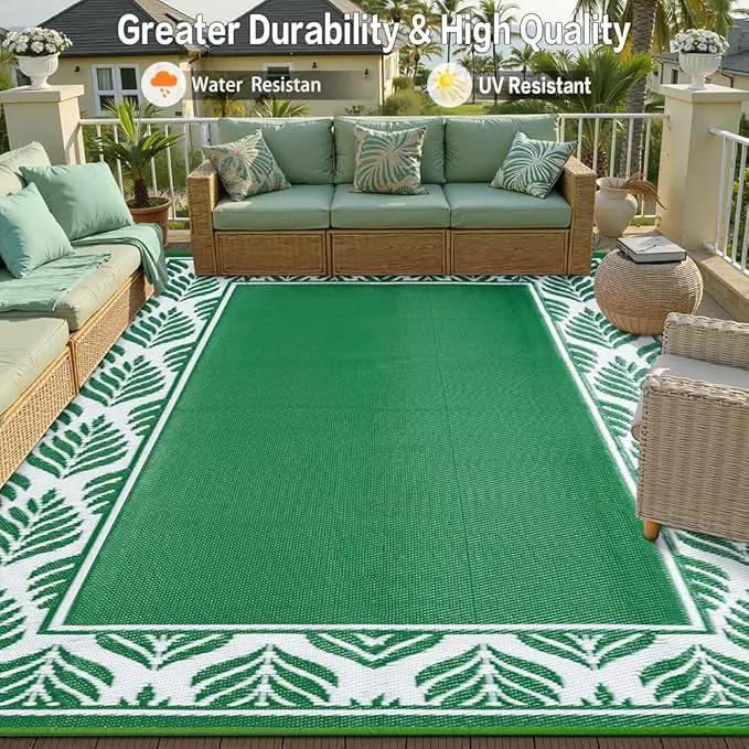 Outdoor Plastic Rug 6'x9' Waterproof Camping Carpet Outside Area Rug Reversible Green Rugs for RV Deck Entryance Porch Picnic Balcony Beach by GreenHaven Gardens