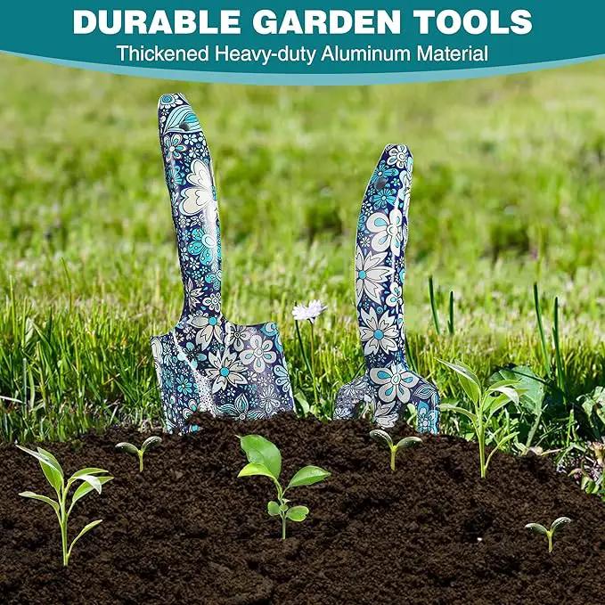WORKPRO Aluminum Garden Tool Set, 4PCS Heavy Duty Hand Garden Tools with Box Include Trowel, Rake, Pruner, Garden Gloves, Blue Floral, Garden Gifts by GreenHaven Gardens