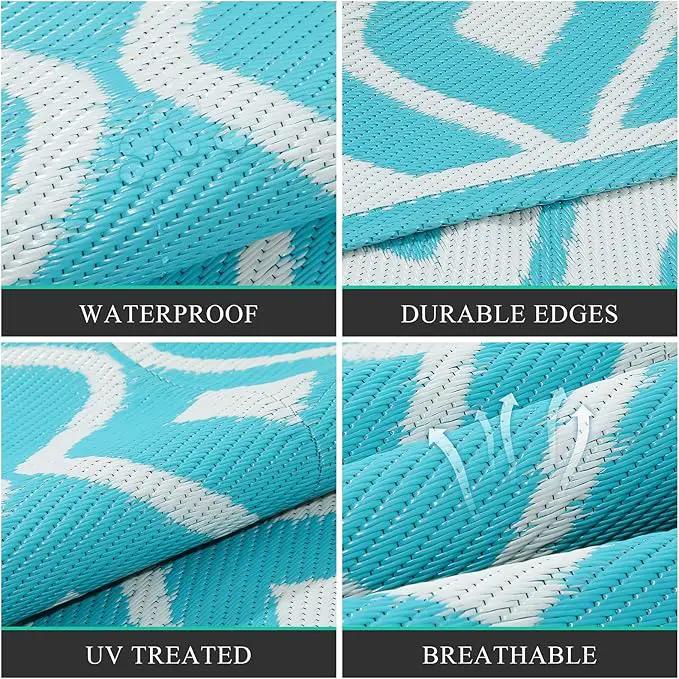 Pauwer Waterproof Outdoor Rug 8x10, Reversible Plastic Straw Patio Camping Rug, Indoor Outdoor RV Mat Carpet for Deck, Camper, Porch, Balcony, Backyard, Picnic, Geometric Teal by GreenHaven Gardens