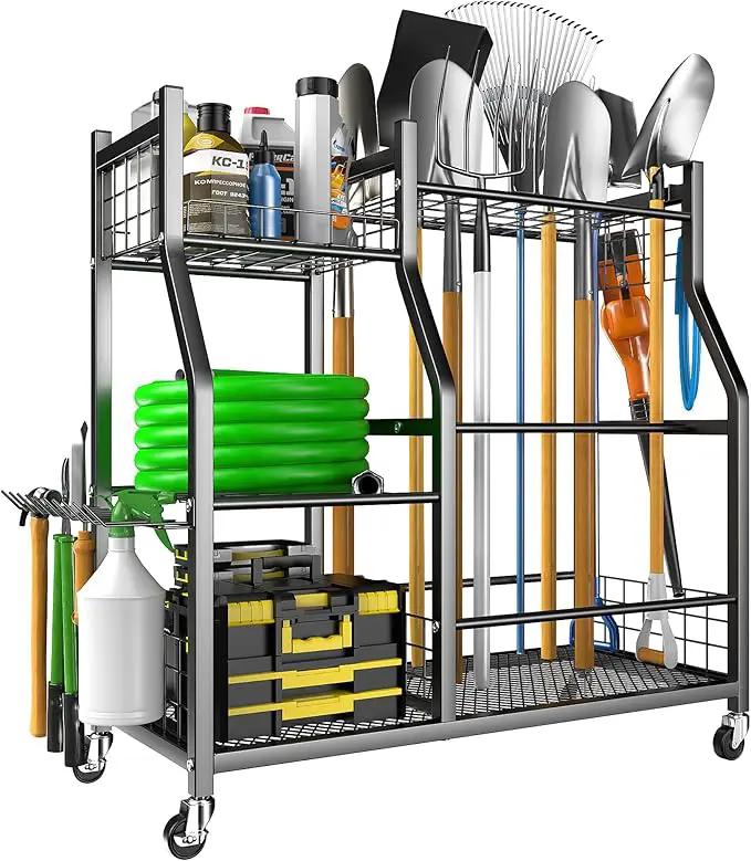 EVERHANGER Garden Tool Organizer Stand, Garage Tool Storage Organization, Yard Tool Racks with lockable wheels, Fit for Long-Handled Tools/Rakes/Brooms by GreenHaven Gardens