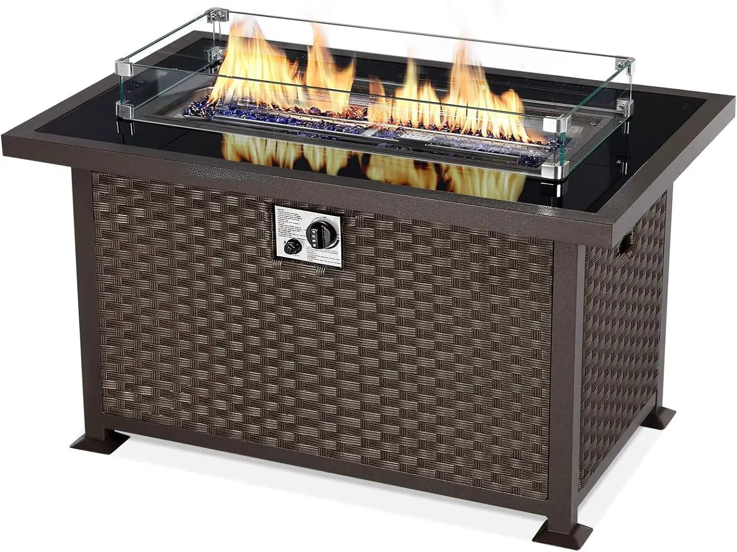 U-MAX 44in Outdoor Propane Gas Fire Pit Table, 50,000 BTU Auto-Ignition Gas Firepit with Glass Wind Guard, Black Tempered Glass Tabletop & Blue Glass Rock, Brown PE Rattan, CSA Certification by GreenHaven Gardens