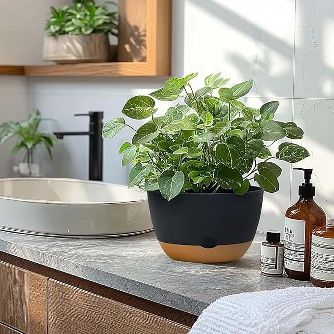 10 Inch Pots for Indoor Plants, Large Self Watering Planters with Drainage and Saucers, Plastic Outdoor Flower Pot, Set of 2, Grey by GreenHaven Gardens