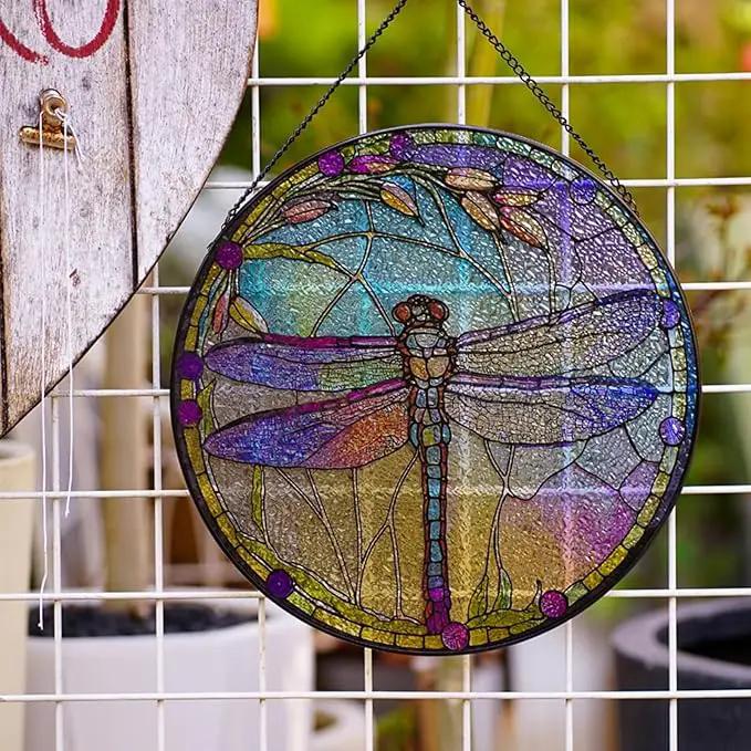 Dragonfly Stained Glass Suncatcher Artistic Window Hanging,7.8” Hand-Painted Glass Panel Wall Home Decor,Gift for Women Garden Decor Suncatcher (Dragonfly), BL009 by GreenHaven Gardens