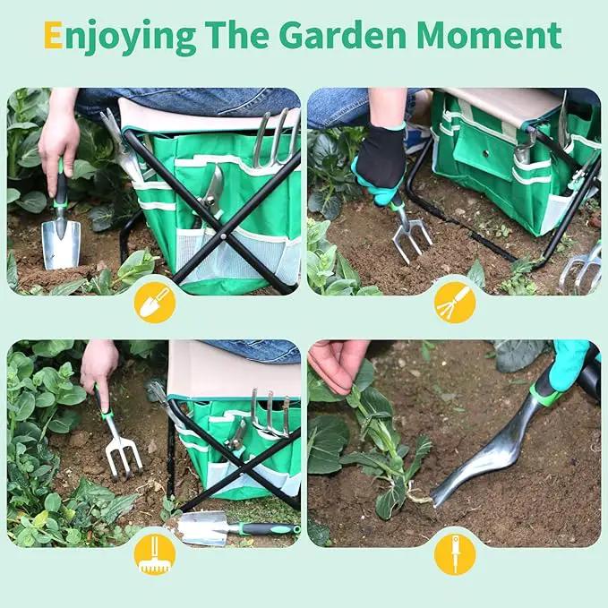 9 PCS All-in-one Garden Tools Set, Heavy Duty Cast-Aluminium Alloy Gardening Tools Kit with Folding Stool Seat&Detachable Canvas Tool Bag , Non-Slip Rubber Grip, Outdoor Hand Tools by GreenHaven Gardens