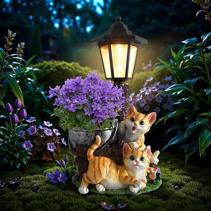 Solar Cat Outdoor Statues, Garden Sculptures with Flowerpot Decor & Solar Lantern for Yard Art Lawn Ornaments Porch Patio Balcony - Idea Gifts for Women Mom Grandma by GreenHaven Gardens