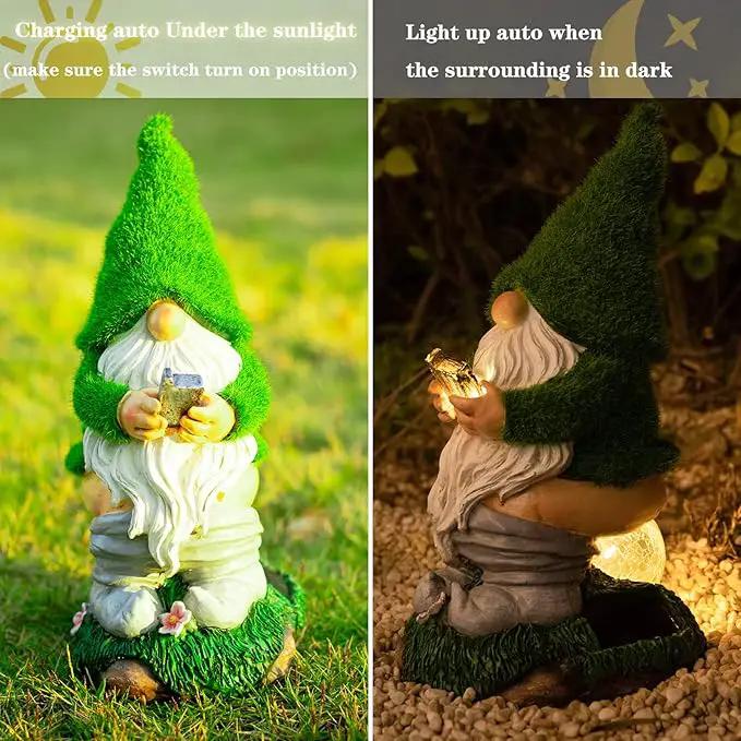Garden Gnome Statues - Resin Gnome Figurine Sitting on Solar Crackle Glass Globe Lights, Funny Garden Gnome Ornament for Patio Yard Lawn Porch Outdoor Decor by GreenHaven Gardens