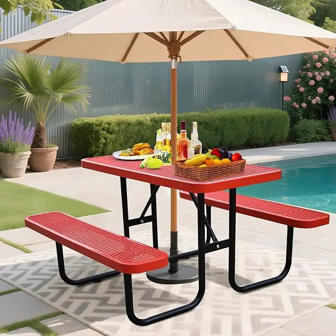4FT Metal Picnic Tables for Outdoors, Commercial Rectangular Picnic Table and Bench Set for Outside, Patio, Garden, Backyard, Porch, Surface Mount, Red by GreenHaven Gardens