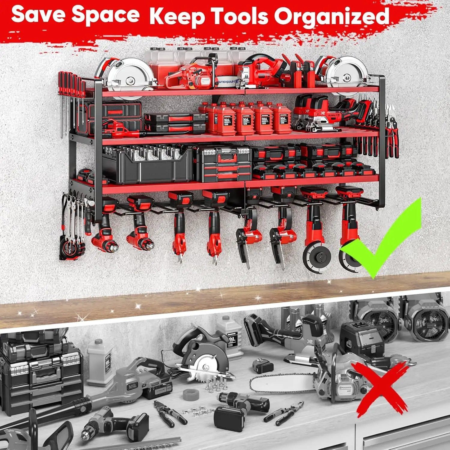 Upgrade Large power tool organizer Wall Mount,4 Layers Heavy Duty Metal Loads 400lbs Power Tool Hanger Shelf Battery Storage with 8 Cordless Drill Bit Holder,Utility Racks for Garage Tool Room by GreenHaven Gardens