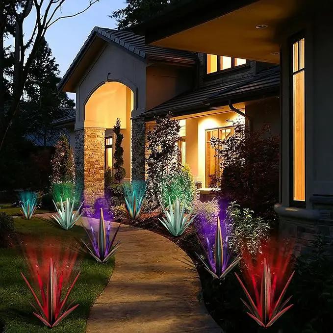 Large Tequila Rustic Sculpture, Rustic Metal Agave Plants for Outdoor Patio Yard, Home Decor Hand Painted Metal Agave Garden Yard Statue, Outdoor Lawn Ornaments (Mint Green - L (W/ Solar Light)) by GreenHaven Gardens