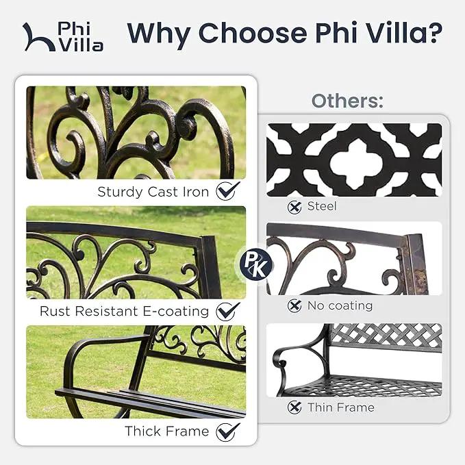 PHI VILLA 50Inch Cast Iron Steel Frame Garden Bench Patio Furniture Chair Outdoor Bench w/Floral Design Backrest, Slatted Seat for Park, Yard & Porch, Bronze by GreenHaven Gardens