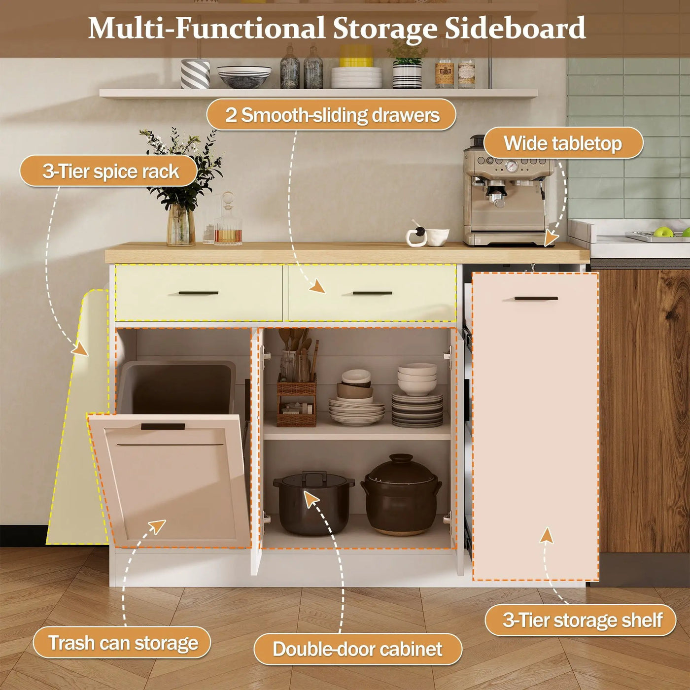 Kitchen Sideboard With Sliding Door Cabinet, 3 Tier Spice Rack by HouseOfZazla