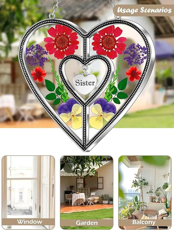 KY&BOSAM Heart Suncatcher Sister Stained Glass Panels Hangings for Windows Sun Catchers with Pressed Real Flower Heart in Glass Birthday Gifts for Women Mothers Day Home Garden Christmas Ornament by GreenHaven Gardens