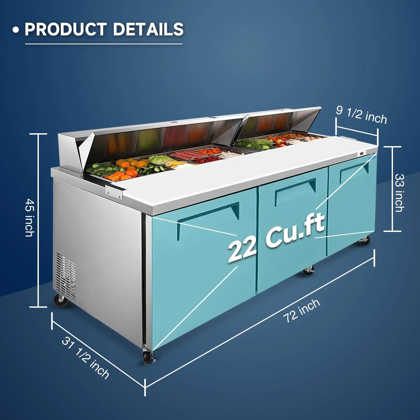 72" Width Commercial Refrigerators Sandwich & Salad Prep Table with a Butcher Block Cutting Board by Chery Industrial