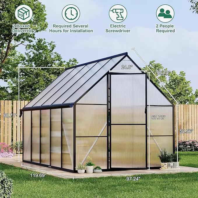 Greenhouse 8x10 FT Aluminum-Framed Heavy Duty Polycarbonate with Quick Setup Structure and Roof Vent, Large Enhanced Outdoors Green House Kit by GreenHaven Gardens
