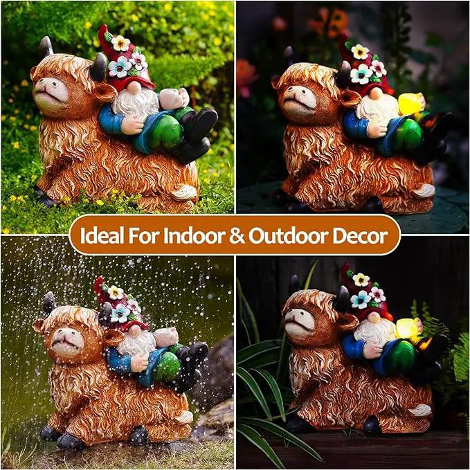 Garden Gnomes Decor Outdoor Statues Gnome on Highland Cow Hold Solar Cup Light Outdoor Decorations for Patio,Yard and Gift for Mom by GreenHaven Gardens