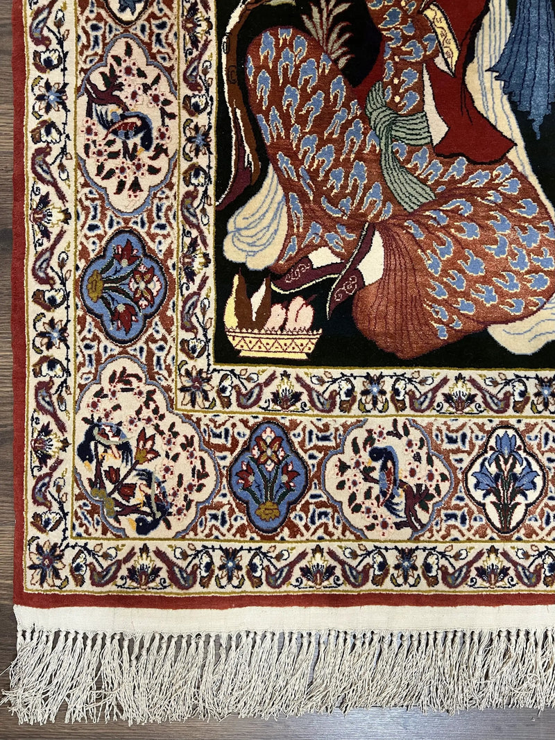 Persian Pictorial Rug 5 x 4 ft, Persian Isfahan Rug, Kork Wool on Silk Foundation, Signature from Master Weaver, Drums and Musical Instruments, Birds, Detailed by Jewel Rugs