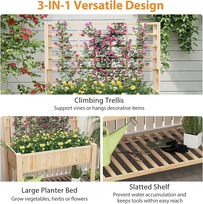 Giantex Raised Garden Bed with Trellis, Wooden Elevated Planter Box with Legs, Drainage Holes for Climbing Plants Vines Vegetables Flowers Herbs, Outdoor Horticulture Planter for Patio Yard by GreenHaven Gardens