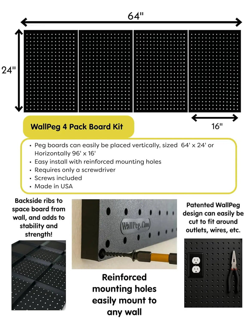 WallPeg Pegboard Kit - 4 Each 24"x16" Peg Board Panels - Made in USA - Mounted Size is 48" x 24" Pegboards Wall Organizer for Walls Home, Garage Tool Storage, Office Organization, Kitchen, Craft Room by GreenHaven Gardens