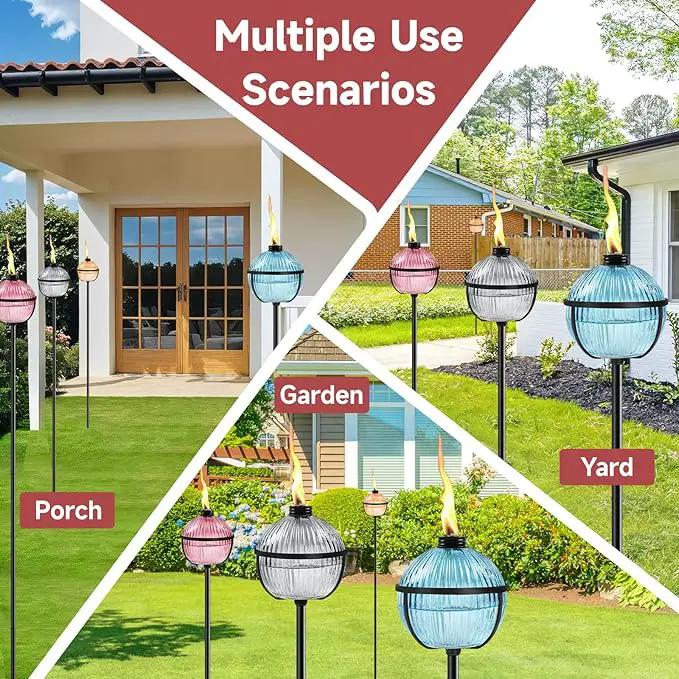Citronella Torches Set of 4, 16 oz Glass Garden Torches for Outside, 3-Prong Grounded Stake Outdoor Torches, 58.6 inch Outdoor Torch for Yard, Patio, Deck, Party by GreenHaven Gardens