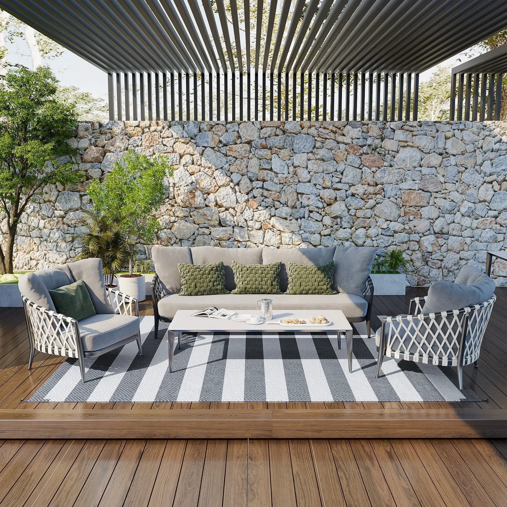 Outsunny - Reversible Outdoor Rug, 9' x 12' Waterproof Plastic Straw Floor Mat, Portable Rv Camping Carpet With Carry Bag, Large Floor Mat For Backyard, Deck, Picnic, Beach - Gray & White Striped by HouseOfZazla