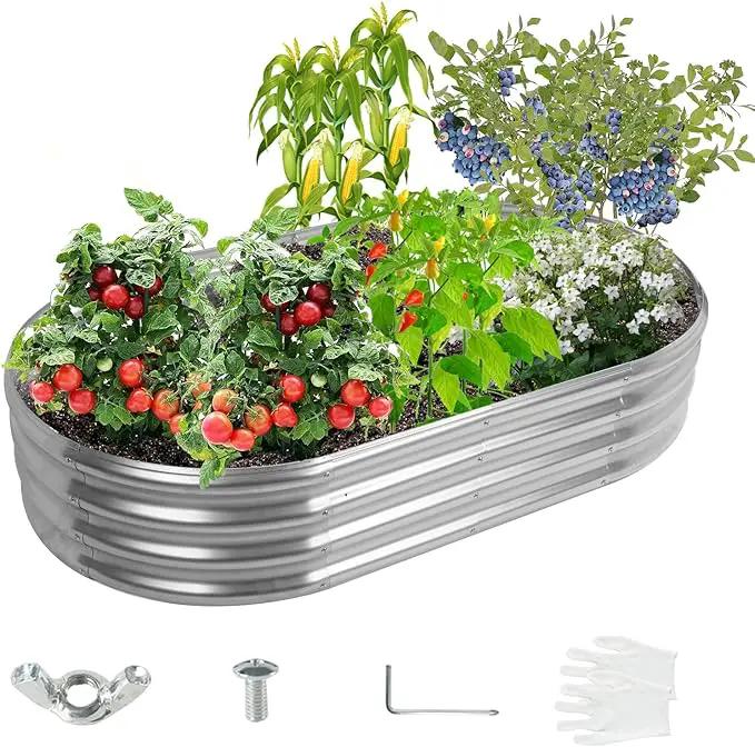 60X32X12 Inches Oval Galvanized Metal Garden Raised Bed/Plant Box for Planting,32 Inches Diameter Iron Fire Pit Ring,Small Animal Fence-3 in 1 Modular Design in Silver (5X2.7X1 FT, Oval) by GreenHaven Gardens