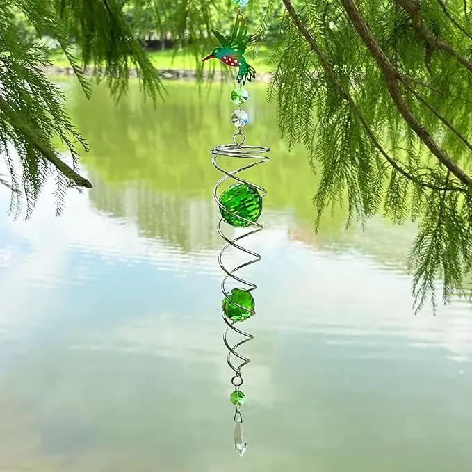 FONMY Hummingbird Gazing Ball Spiral Wind Spinner Sun Catcher Rainbow Maker Silver Spiral W/ K9 Green Crystal Ball Tree Hanging Ornament Indoor Outdoor Garden Decor. -19.5inch H by GreenHaven Gardens