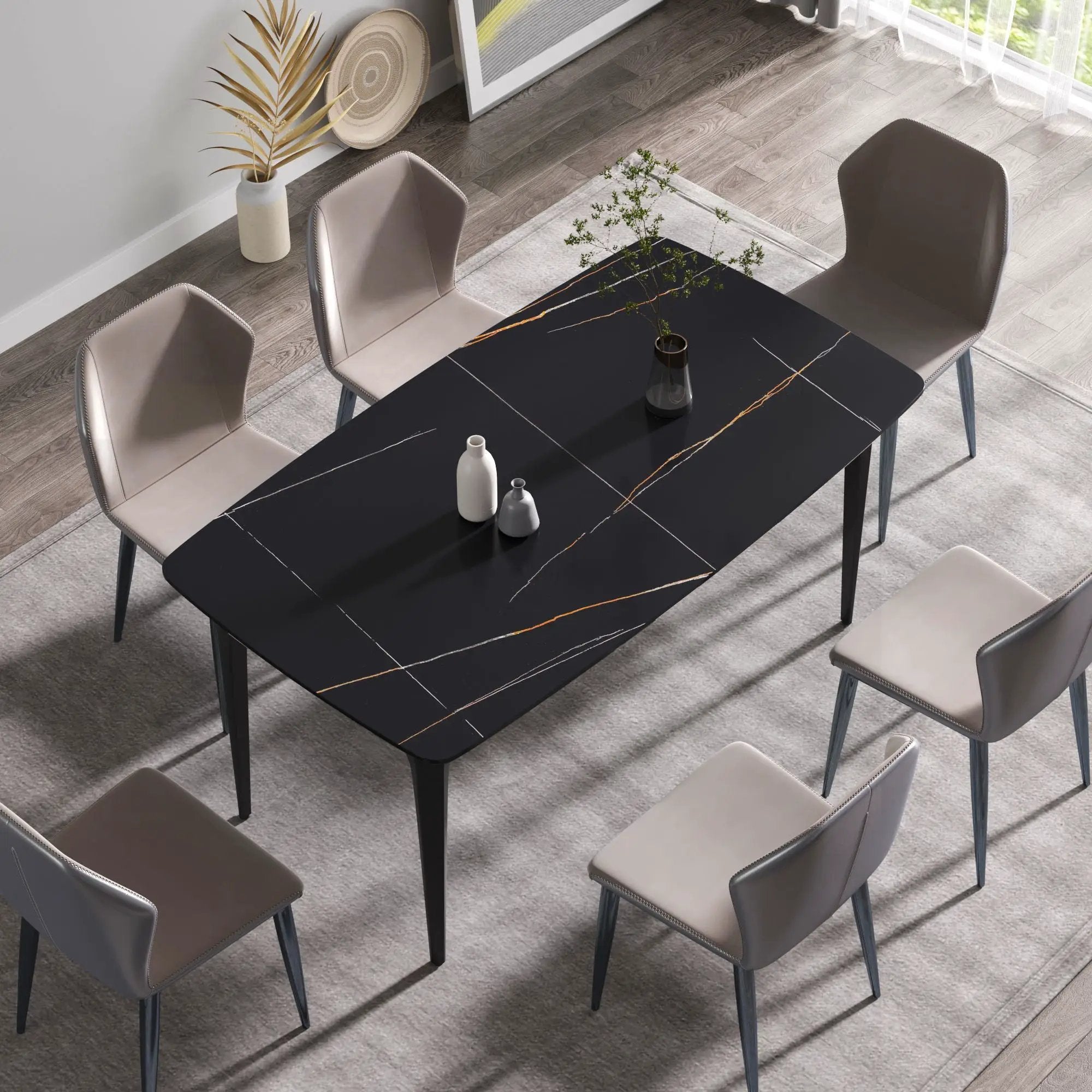 63" Artificial Stone Black Curved Black Metal Leg Dining Table, 6 People - Black by Unique Piece Furniture