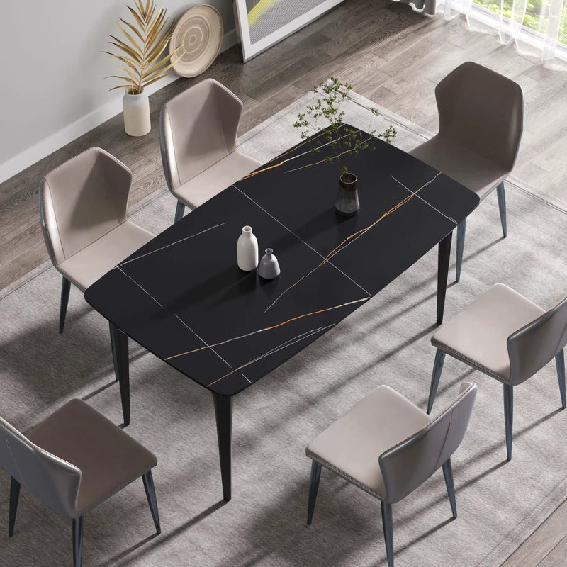 63" Artificial Stone Black Curved Black Metal Leg Dining Table, 6 People - Black by HouseOfZazla