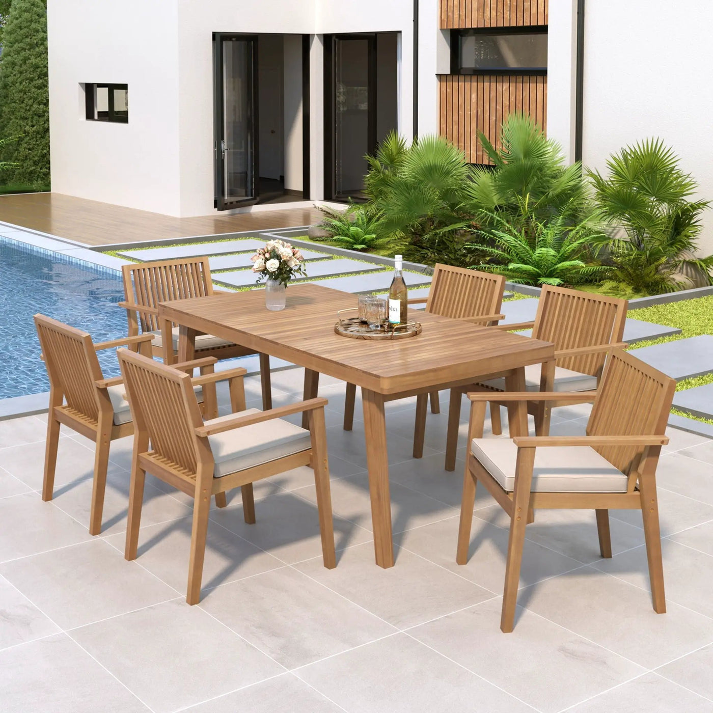 7 Piece Patio Furniture Set Acacia Wood Table And 6 Cushioned Chairs by HouseOfZazla