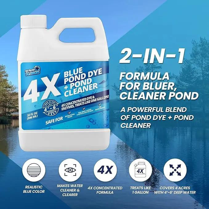 32oz 4X Blue Pond Dye + Pond Cleaner, Blue Dye for Ponds and Lakes, 2-in-1 Lake Colorant + Enzymes, Makes Murky Water Clean & Beautiful, Keeps The Water Cool, Clear, and Ideal for Fish & Wildlife by GreenHaven Gardens