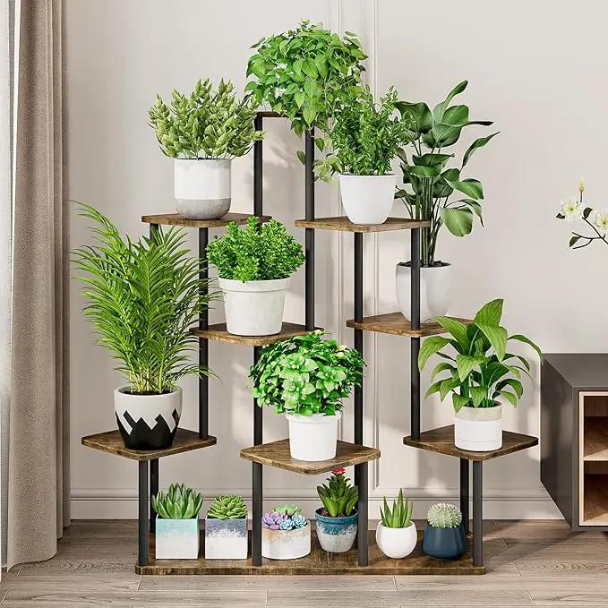 AZERPIAN Plant Stand 9 Tier Indoor Metal Flower Shelf for Multiple Plants Corner Tall Flower Holders for Patio Garden Living Room Balcony Bedroom, Black+Rustic Brown by GreenHaven Gardens