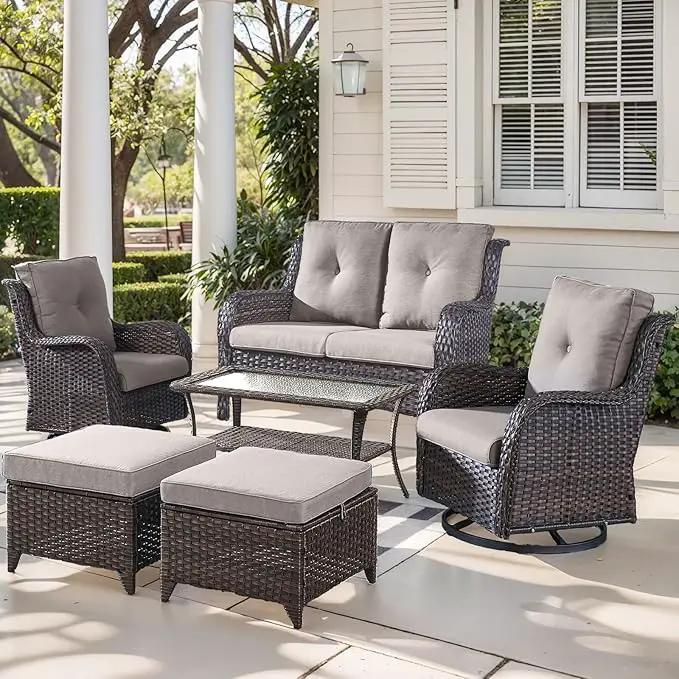 Outdoor Wicker Patio Furniture Set - 6 Piece Rattan Patio Conversation Set with 2 Rocking Swivel Chairs,2 Ottomans,1 Loveseat and 1 Coffee Table for Porch Deck Backyard Garden(Brown/Grey) by GreenHaven Gardens