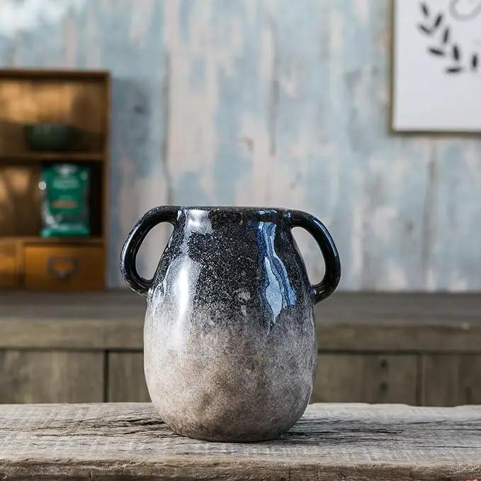 Blue Gradient Ceramic Vase with 2 Handles, Modern Farmhouse Decor, Rustic Terracotta Pottery, Decorative Clay Flower Vase, Centerpiece for Dining Table - 7 Inch by GreenHaven Gardens