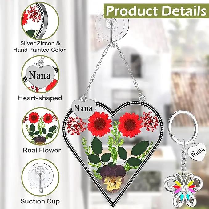 KY&BOSAM Heart Suncatcher Nana Gift for Nana Stain Glass Wind Chime for Window Pressed Flower Between Heart Glass Metal Engraved Charm Gift for Mother's Day Valentine's Birthday Thanksgiving Christmas by GreenHaven Gardens