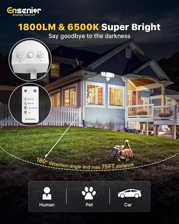 Ensenior 5 Motion Sensor Modes Solar Security Light, 1800LM 270° Wide Angle 3 Heads LED Flood Lights, IP65 Waterproof Wall Lights, Separate Solar Panel Remote Control Solar Lights Outdoor by GreenHaven Gardens