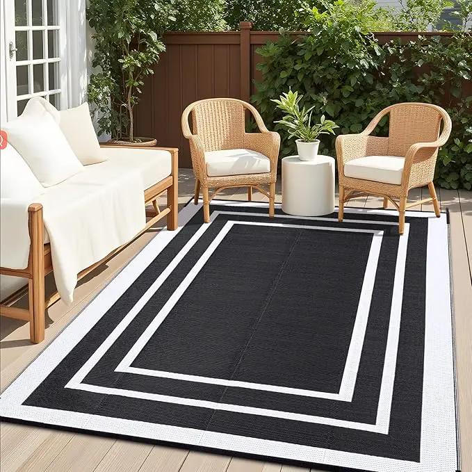 OLANLY Outdoor Rug 8x10 ft Waterproof, Reversible Outdoor Plastic Straw Rug, RV Mat, Indoor Outdoor Carpet Clearance for Patio, Camping, Balcony, Deck, Backyard, Black & White by GreenHaven Gardens