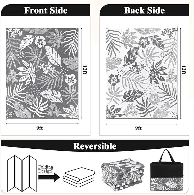 Pauwer Waterproof Outdoor Rug 9x12, Reversible Plastic Straw Patio Camping Rug, Indoor Outdoor RV Mat Carpet for Deck, Camper, Porch, Balcony, Backyard, Picnic, Floral Grey