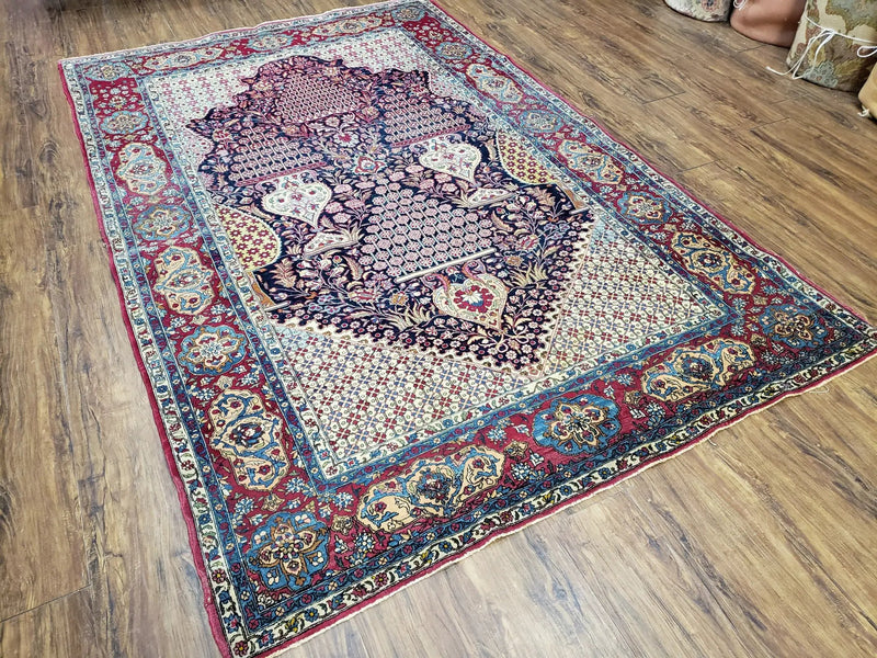 Antique Persian Tehran Rug 5x8, Midnight Blue and Red, Hand-Knotted, Wool by Jewel Rugs