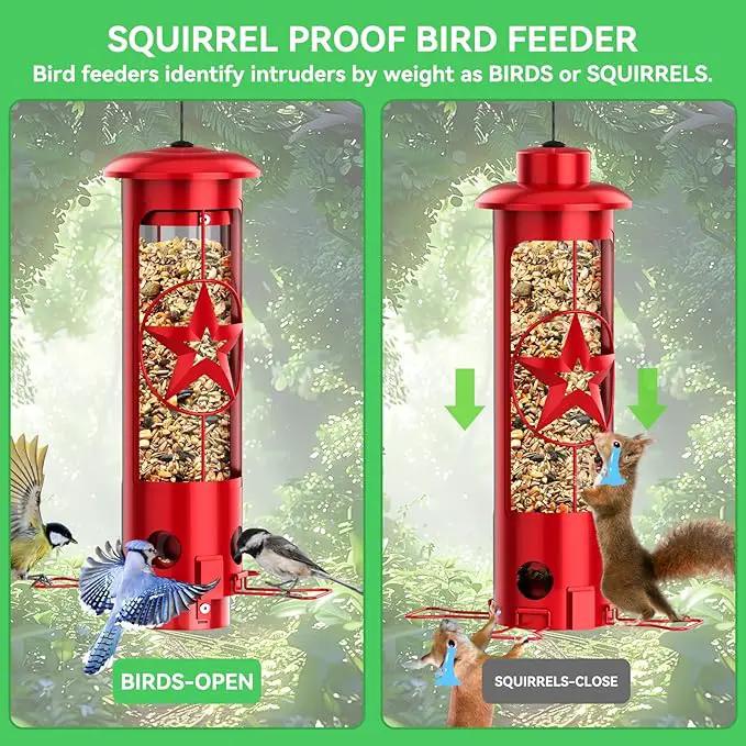Squirrel Proof Bird Feeders for Outdoors Hanging, Metal Squirrel Proof Bird Feeder with Gravity Protection, 3LB Large Capacity Wild Bird Feeders for Outside Finch, Cardinal, Blue Jay (Red) by GreenHaven Gardens