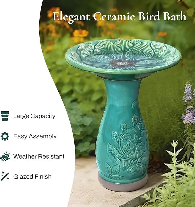 LuxenHome 23 Inch Ceramic Bird Bath for Outside, Elegant Tall Outdoor Bird Bath, Lightweight Pedestal Glazed Birdbaths for Outdoors with Floral Embossed Design, Jade Green by GreenHaven Gardens