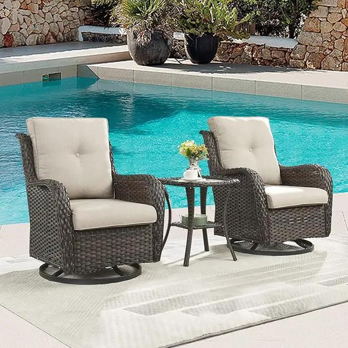 Outdoor Patio Swivel Rocker Chairs - 3 Piece Patio Bistro Set,Wicker Patio Furniture Set with 2 Swivel Rocking Chairs and 1 Glass Top Side Table for Deck Porch Garden,Brown/Beige by GreenHaven Gardens