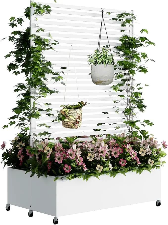 Double Metal Planter Box with Trellis Privacy Screen, Raised Garden Bed with Trellis & Wheels, Planter Box Outdoor with Drainage Holes for Climbing Plants, Vegetable, Vines,73"x 47"x 30", White by GreenHaven Gardens