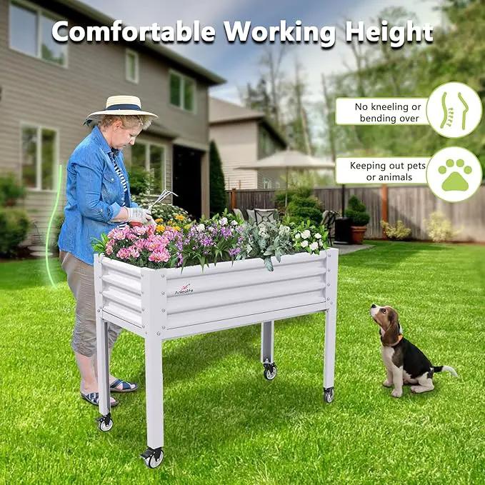 A ANLEOLIFE Galvanized Raised Garden Bed with Legs,48x24x35in Large Elevated Planter Box on Wheels with Drainage Holes for Backyard, Balcony, Patio, 600lb Capacity, Antique White by GreenHaven Gardens