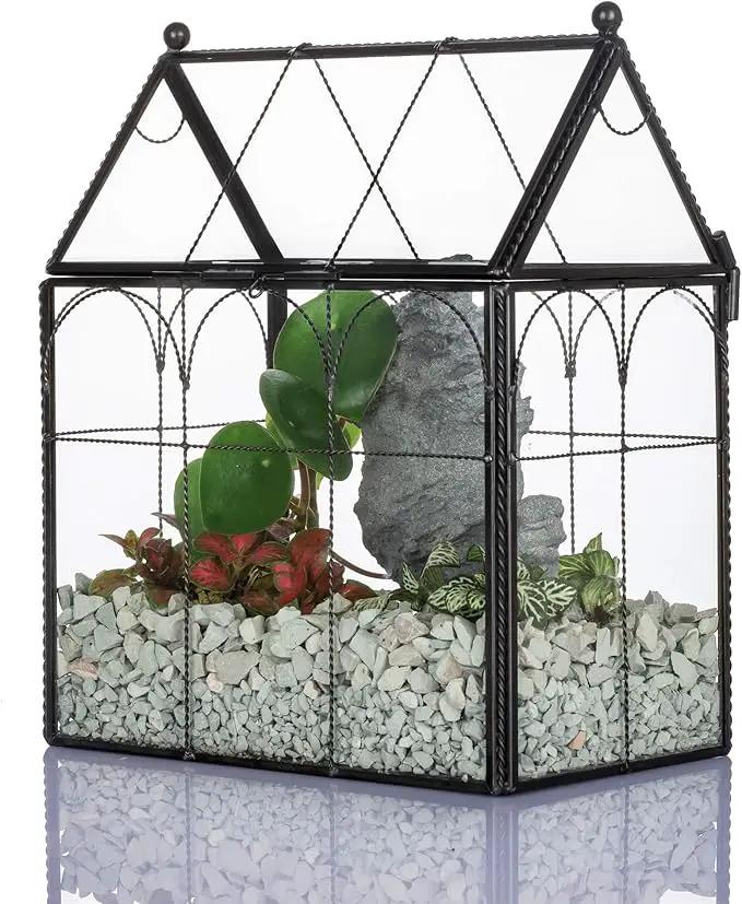 NCYP Black Glass Terrarium with Lid, Indoor Geometric Planter for Cacti, Air Plants, Succulents, Insect, Snail, House Shape Closed Box 7.5" x 4.9" x 9" (No Plant Included) by GreenHaven Gardens