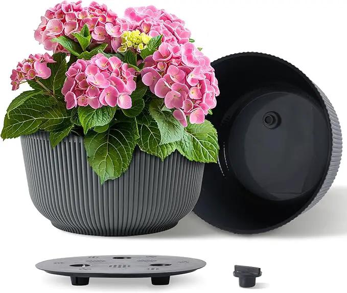 T4U 12 Inch Large Self Watering Plant Pots, Wide Self Watering Planter with Drainage Hole, Large Plant Pots Flower Pot for Plants, Set of 2,Gray by GreenHaven Gardens