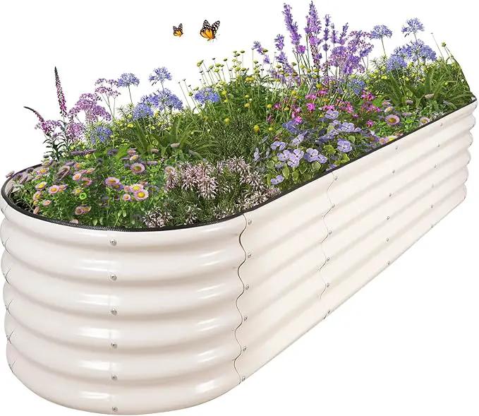 Galvanized Raised Garden Bed - 8x2x1.4FT Metal Planter Boxes Outdoor | Oval Steel Raised Bed Kit for Gardening with Protective Tape, Bracing Rods, Gloves for Vegetables, Flower, Herb (White) by GreenHaven Gardens
