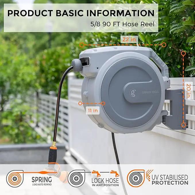 Giraffe Tools Retractable Garden Hose Reel, 5/8 in x 90 ft Heavy Duty Hose Reel With 9 Pattern Nozzle, Any Length Lock, Wall Mount Water Hose Reel, 180°Swivel, Light Grey by GreenHaven Gardens