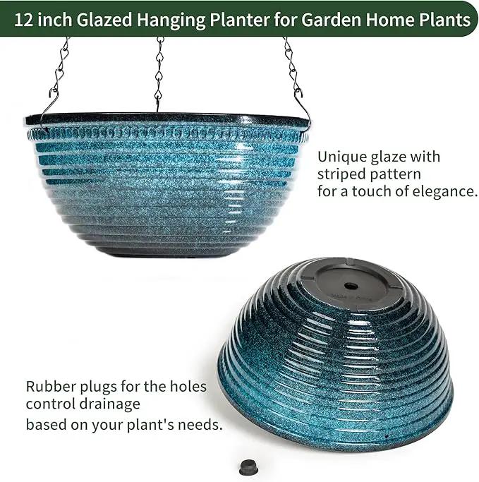 12 inch Hanging Planters for Indoor Outdoor Plants, 2 Pack Large Hanging Flower Pots with Drainage Holes and Chain, Glazed Hanging Baskets for Home Garden Decoration, Blue by GreenHaven Gardens