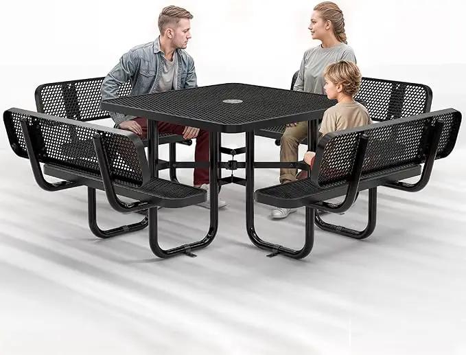 Metal Picnic Tables for Outdoors with Umbrella Hole - Coated Steel Heavy Duty Commercial Grade Table with Adjustable Seats (Black, 46 in, Square with Back, Expanded Steel) by GreenHaven Gardens